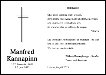 Anzeige von Manfred Kannapinn von Kölner Stadt-Anzeiger / Kölnische Rundschau / Express