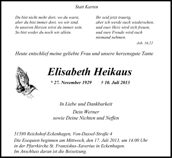 Anzeige von Elisabeth Heikaus von Kölner Stadt-Anzeiger / Kölnische Rundschau / Express