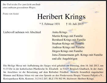 Anzeige von Heribert Krings von Kölner Stadt-Anzeiger / Kölnische Rundschau / Express