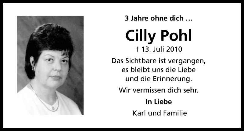  Traueranzeige für Cilly Pohl vom 13.07.2013 aus Kölner Stadt-Anzeiger / Kölnische Rundschau / Express