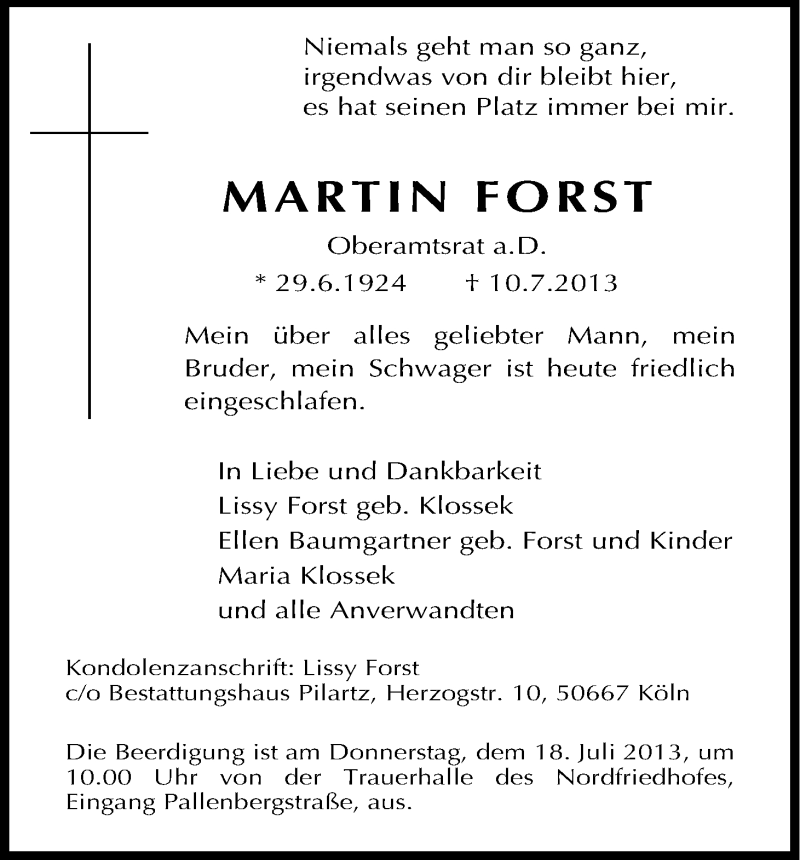  Traueranzeige für Martin Forst vom 13.07.2013 aus Kölner Stadt-Anzeiger / Kölnische Rundschau / Express