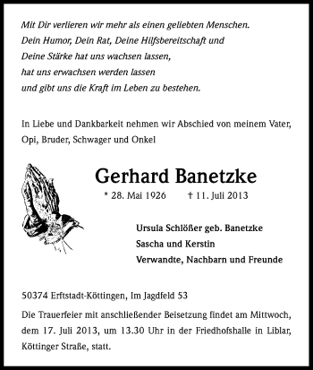 Anzeige von Gerhard Banetzke von Kölner Stadt-Anzeiger / Kölnische Rundschau / Express