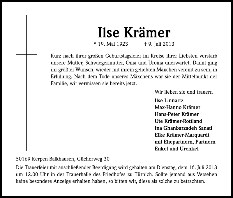  Traueranzeige für Ilse Krämer vom 13.07.2013 aus Kölner Stadt-Anzeiger / Kölnische Rundschau / Express
