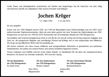 Anzeige von Jochen Kröger von Kölner Stadt-Anzeiger / Kölnische Rundschau / Express