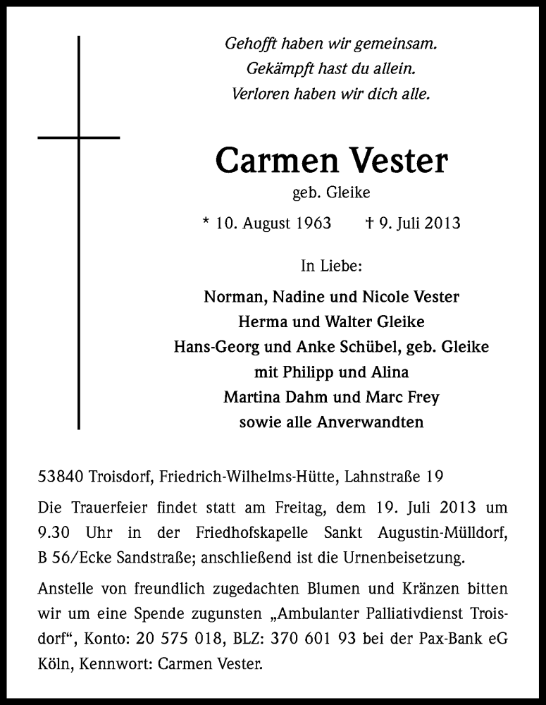  Traueranzeige für Carmen Vester vom 13.07.2013 aus Kölner Stadt-Anzeiger / Kölnische Rundschau / Express