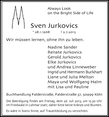 Anzeige von Sven Jurkovics von Kölner Stadt-Anzeiger / Kölnische Rundschau / Express