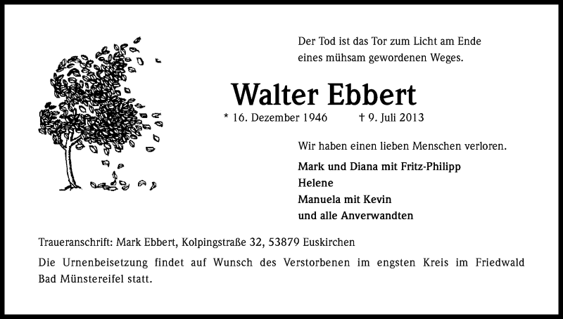  Traueranzeige für Walter Ebbert vom 13.07.2013 aus Kölner Stadt-Anzeiger / Kölnische Rundschau / Express