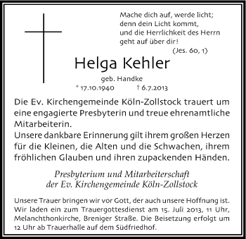Anzeige von Helga Kehler von Kölner Stadt-Anzeiger / Kölnische Rundschau / Express