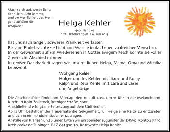 Anzeige von Helga Kehler von Kölner Stadt-Anzeiger / Kölnische Rundschau / Express