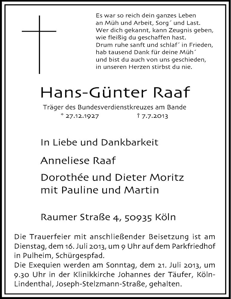  Traueranzeige für Hans-Günter Raaf vom 13.07.2013 aus Kölner Stadt-Anzeiger / Kölnische Rundschau / Express