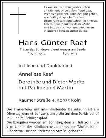 Anzeige von Hans-Günter Raaf von Kölner Stadt-Anzeiger / Kölnische Rundschau / Express