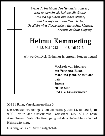 Anzeige von Helmut Kemmerling von Kölner Stadt-Anzeiger / Kölnische Rundschau / Express