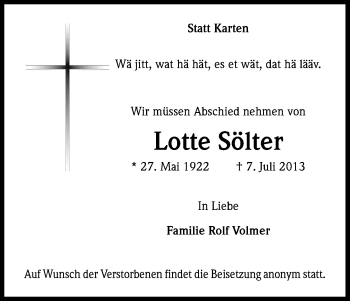 Anzeige von Lotte Sölter von Kölner Stadt-Anzeiger / Kölnische Rundschau / Express