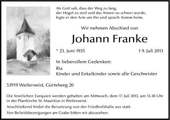 Anzeige von Johann Franke von Kölner Stadt-Anzeiger / Kölnische Rundschau / Express