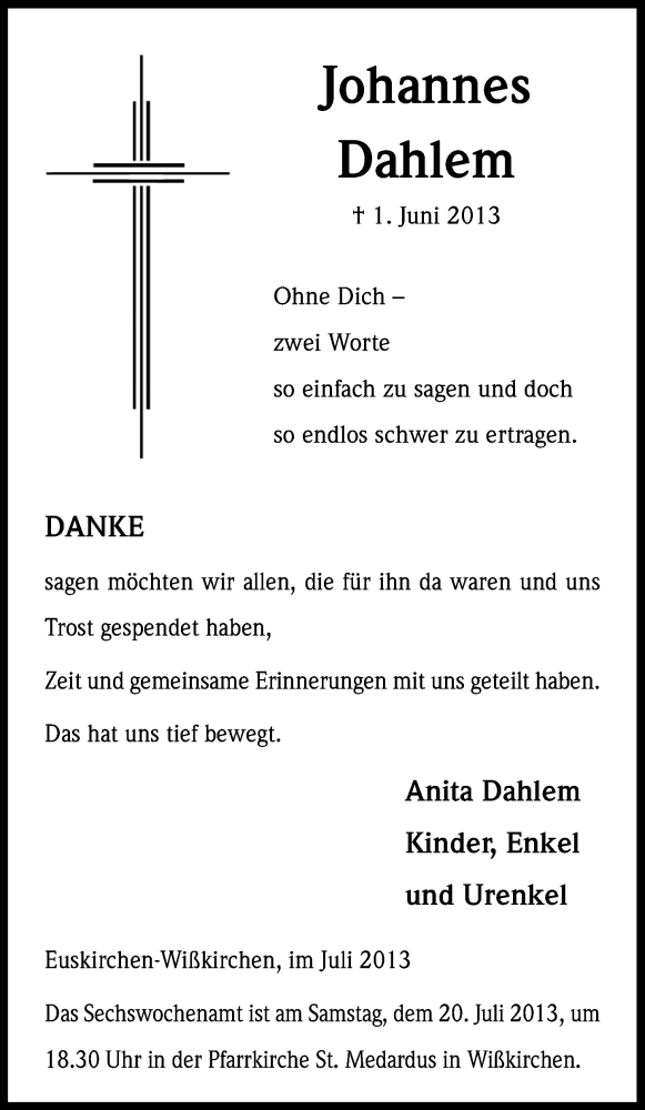  Traueranzeige für Johannes Dahlem vom 13.07.2013 aus Kölner Stadt-Anzeiger / Kölnische Rundschau / Express