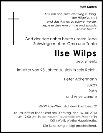 Anzeige von Ilse Wilps von Kölner Stadt-Anzeiger / Kölnische Rundschau / Express