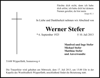 Anzeige von Werner Stefer von Kölner Stadt-Anzeiger / Kölnische Rundschau / Express