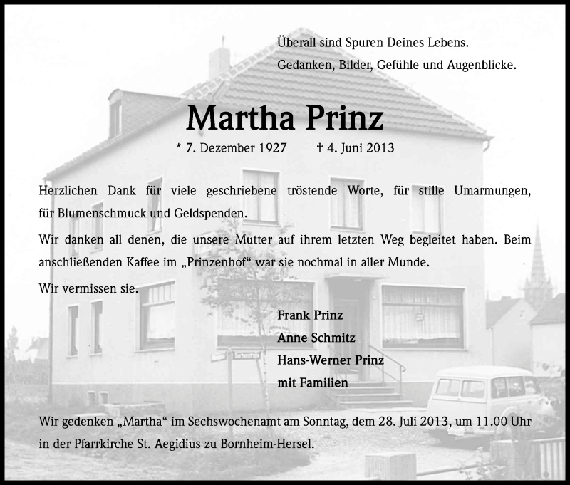  Traueranzeige für Martha Prinz vom 13.07.2013 aus Kölner Stadt-Anzeiger / Kölnische Rundschau / Express