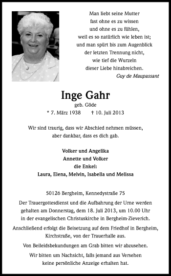 Anzeige von Inge Gahr von Kölner Stadt-Anzeiger / Kölnische Rundschau / Express