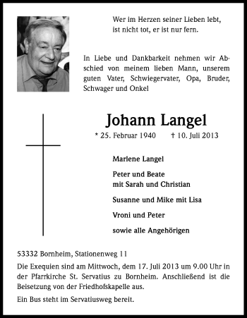 Anzeige von Johann Langel von Kölner Stadt-Anzeiger / Kölnische Rundschau / Express