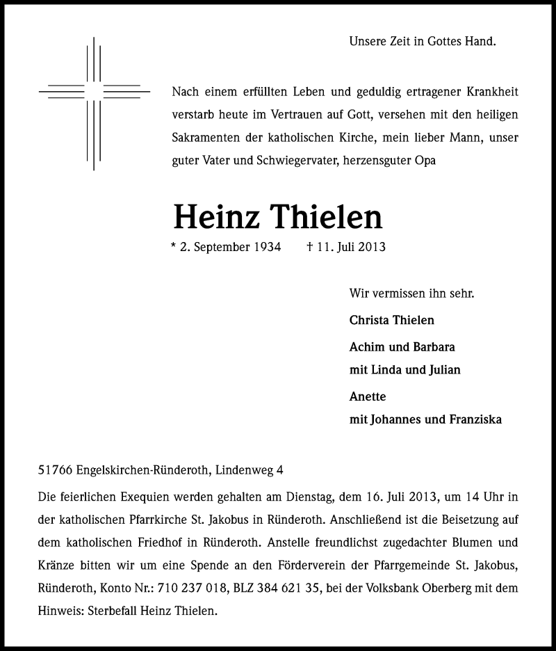  Traueranzeige für Heinz Thielen vom 13.07.2013 aus Kölner Stadt-Anzeiger / Kölnische Rundschau / Express