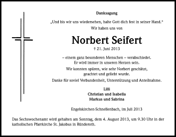 Anzeige von Norbert Seifert von Kölner Stadt-Anzeiger / Kölnische Rundschau / Express