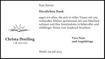 Anzeige von Christa Dreiling von Kölner Stadt-Anzeiger / Kölnische Rundschau / Express