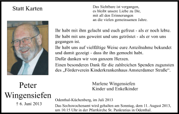 Anzeige von Peter Wingensiefen von Kölner Stadt-Anzeiger / Kölnische Rundschau / Express