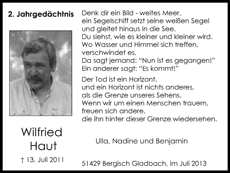  Traueranzeige für Wilfried Haut vom 13.07.2013 aus Kölner Stadt-Anzeiger / Kölnische Rundschau / Express