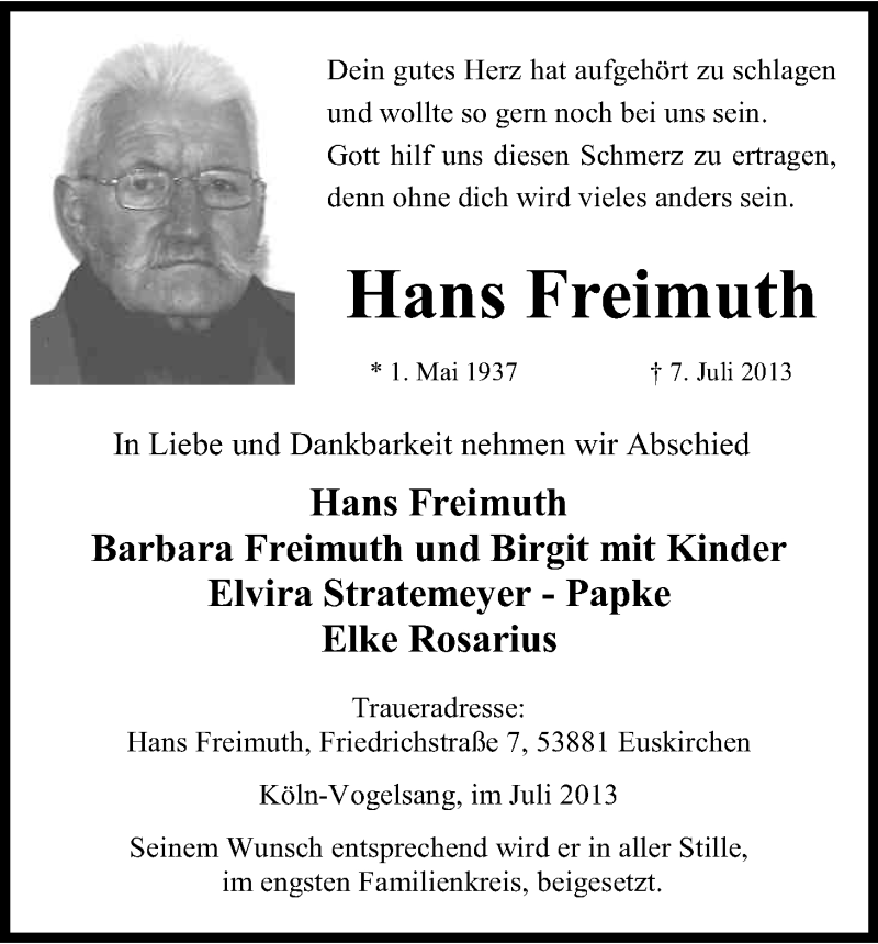  Traueranzeige für Hans Freimuth vom 13.07.2013 aus Kölner Stadt-Anzeiger / Kölnische Rundschau / Express