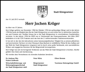 Anzeige von Jochen Kröger von Kölner Stadt-Anzeiger / Kölnische Rundschau / Express