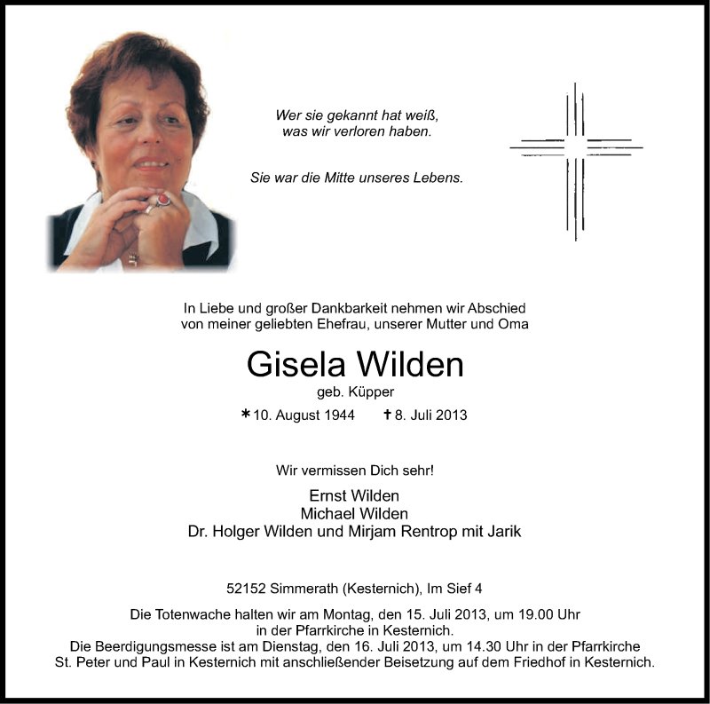  Traueranzeige für Gisela Wilden vom 13.07.2013 aus Kölner Stadt-Anzeiger / Kölnische Rundschau / Express