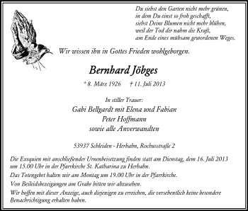 Anzeige von Bernhard Jöbges von Kölner Stadt-Anzeiger / Kölnische Rundschau / Express