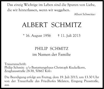 Anzeige von Albert Schmitz von Kölner Stadt-Anzeiger / Kölnische Rundschau / Express