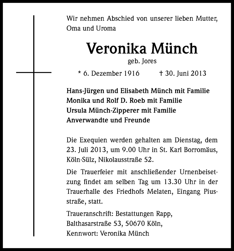  Traueranzeige für Veronika Münch vom 13.07.2013 aus Kölner Stadt-Anzeiger / Kölnische Rundschau / Express