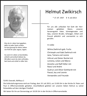 Anzeige von Helmut Zwikirsch von Kölner Stadt-Anzeiger / Kölnische Rundschau / Express