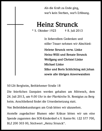 Anzeige von Heinz Strunck von Kölner Stadt-Anzeiger / Kölnische Rundschau / Express