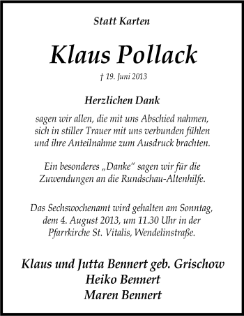 Anzeige von Klaus Pollack von Kölner Stadt-Anzeiger / Kölnische Rundschau / Express