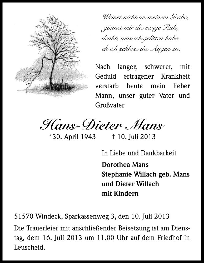  Traueranzeige für Hans-Dieter Mans vom 13.07.2013 aus Kölner Stadt-Anzeiger / Kölnische Rundschau / Express