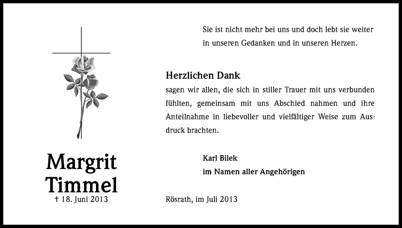  Traueranzeige für Margrit Timmel vom 17.07.2013 aus Kölner Stadt-Anzeiger / Kölnische Rundschau / Express