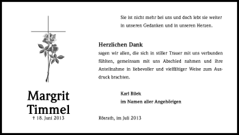 Anzeige von Margrit Timmel von Kölner Stadt-Anzeiger / Kölnische Rundschau / Express