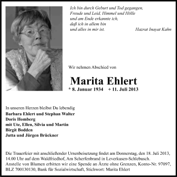 Anzeige von Marita Ehlert von Kölner Stadt-Anzeiger / Kölnische Rundschau / Express