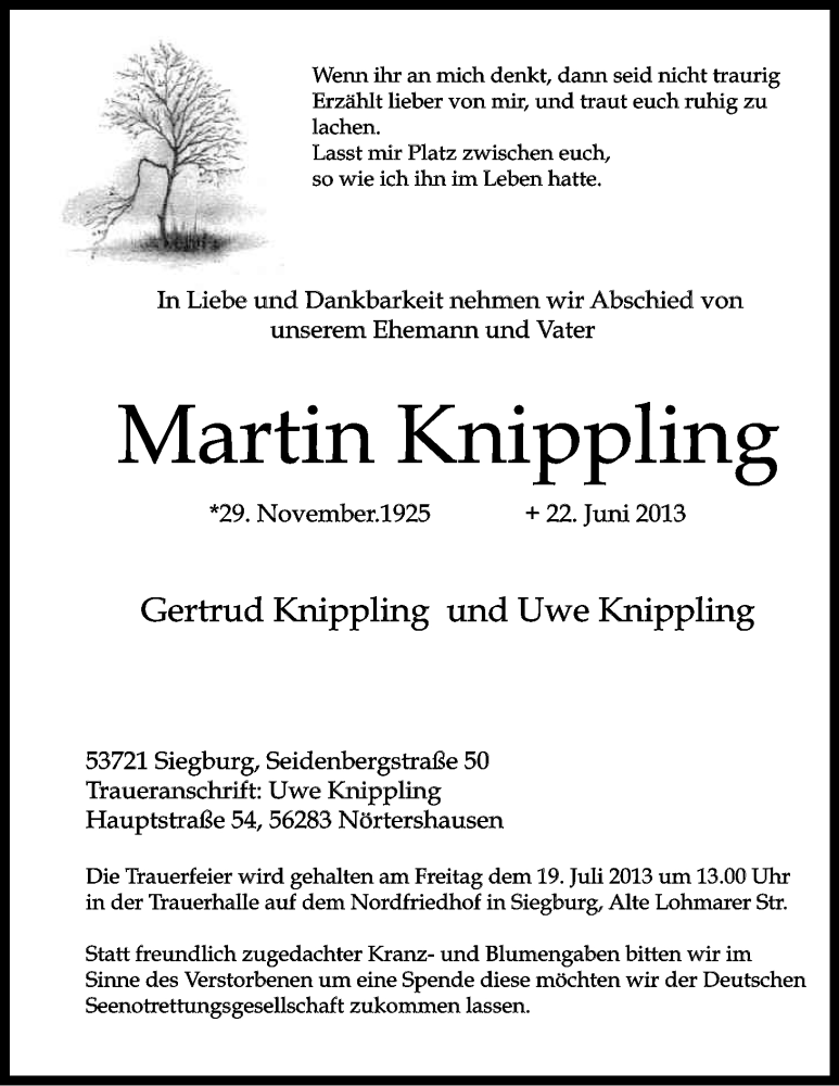  Traueranzeige für Martin Knippling vom 13.07.2013 aus Kölner Stadt-Anzeiger / Kölnische Rundschau / Express