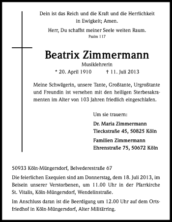 Anzeige von Beatrix Zimmermann von Kölner Stadt-Anzeiger / Kölnische Rundschau / Express