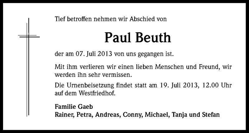  Traueranzeige für Paul Beuth vom 15.07.2013 aus Kölner Stadt-Anzeiger / Kölnische Rundschau / Express