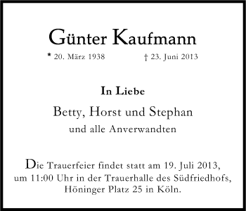Anzeige von Günter Kaufmann von Kölner Stadt-Anzeiger / Kölnische Rundschau / Express