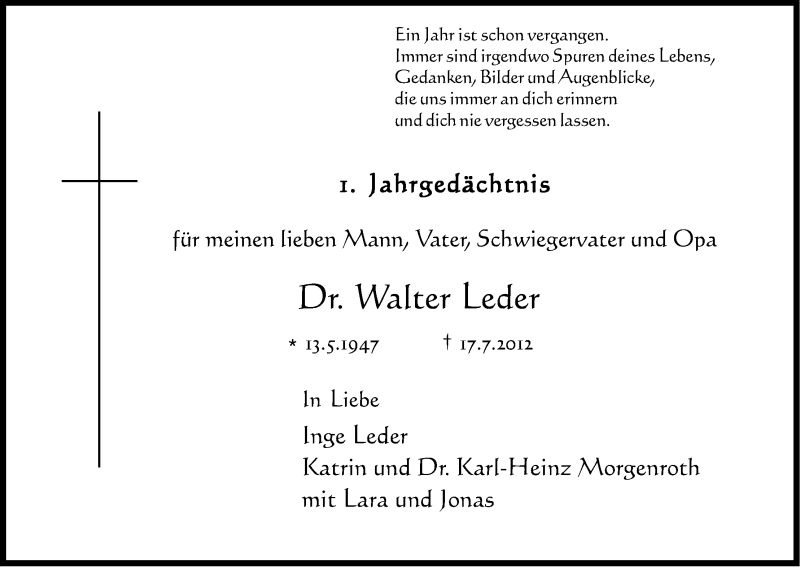  Traueranzeige für Walter Leder vom 17.07.2013 aus Kölner Stadt-Anzeiger / Kölnische Rundschau / Express