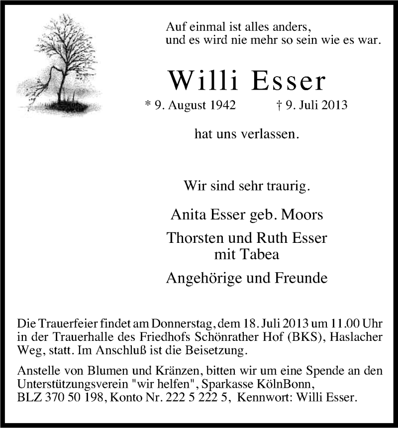  Traueranzeige für Willi Esser vom 17.07.2013 aus Kölner Stadt-Anzeiger / Kölnische Rundschau / Express