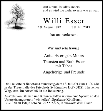 Anzeige von Willi Esser von Kölner Stadt-Anzeiger / Kölnische Rundschau / Express