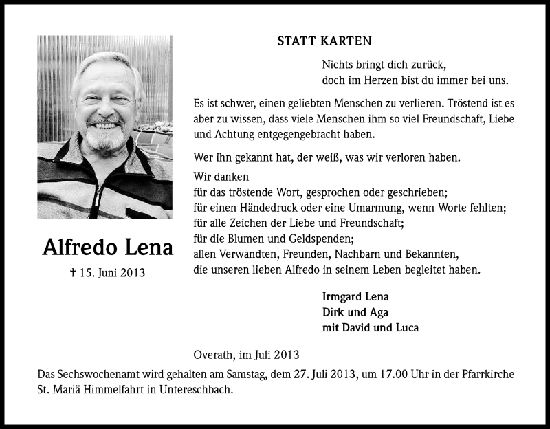  Traueranzeige für Alfredo Lena vom 20.07.2013 aus Kölner Stadt-Anzeiger / Kölnische Rundschau / Express